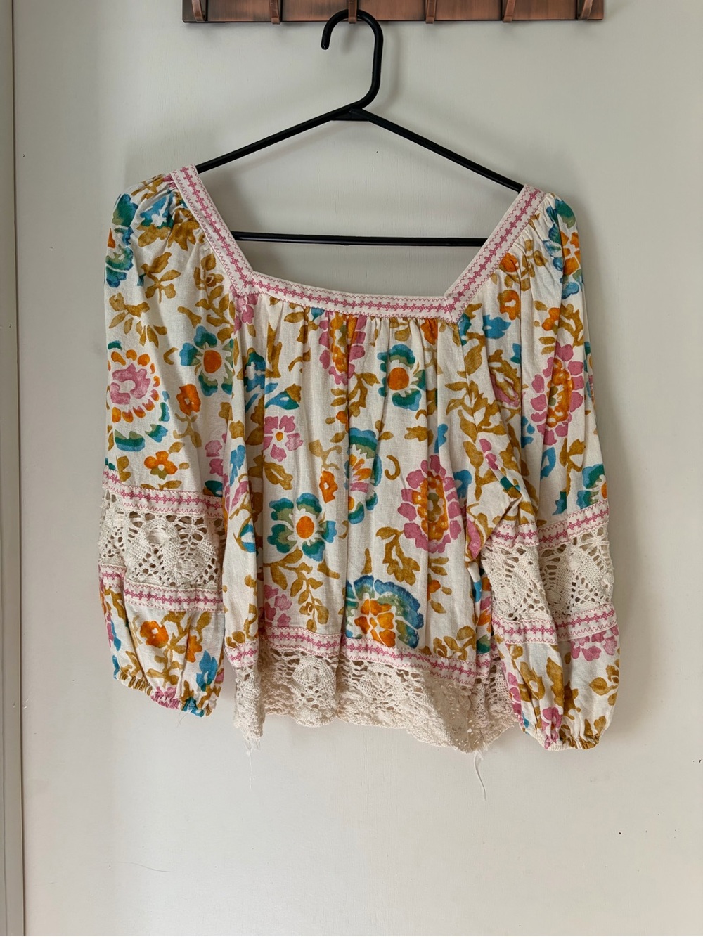 Boho Floral Peasant Top - Pink, Teal & Mustard